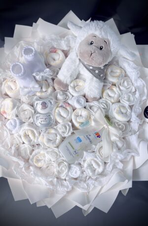 Baby Strauß weiß Maxi mit Plüschtier&Hipp